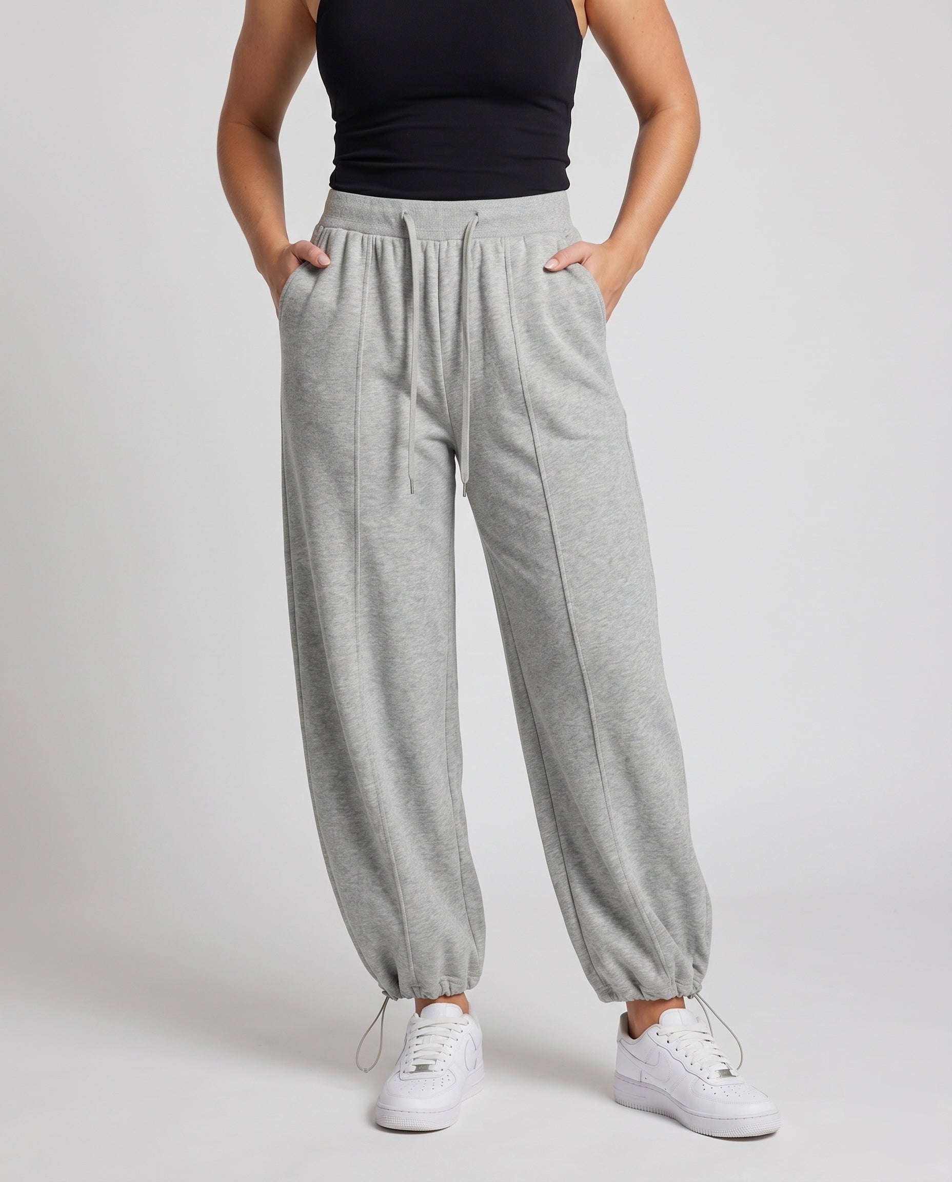 Women's Casual High-Waist Pants with Adjustable Waistband - Lower Body View