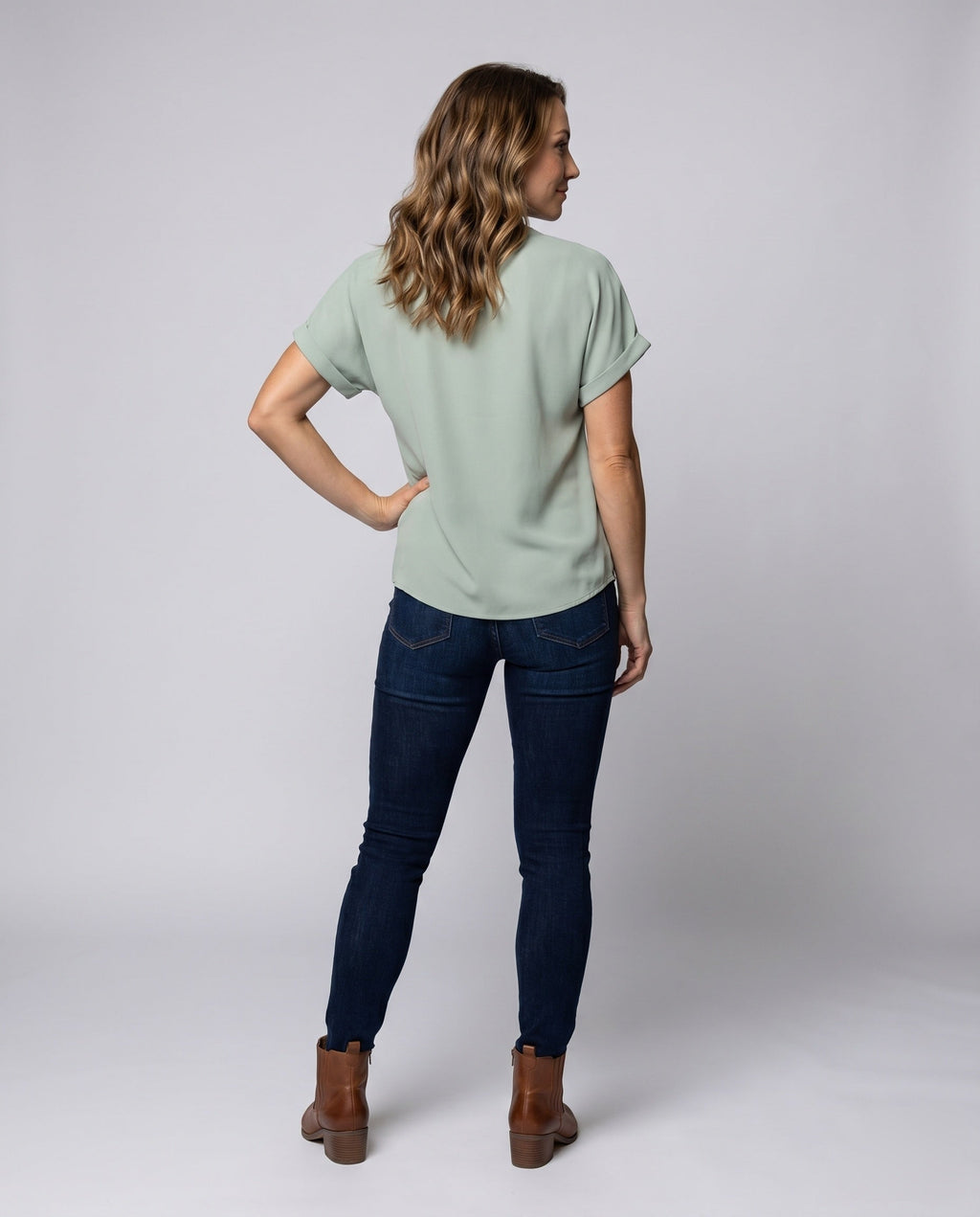 Women's Casual V-Neck Blouse Shirt with Chest Pocket - Back View
