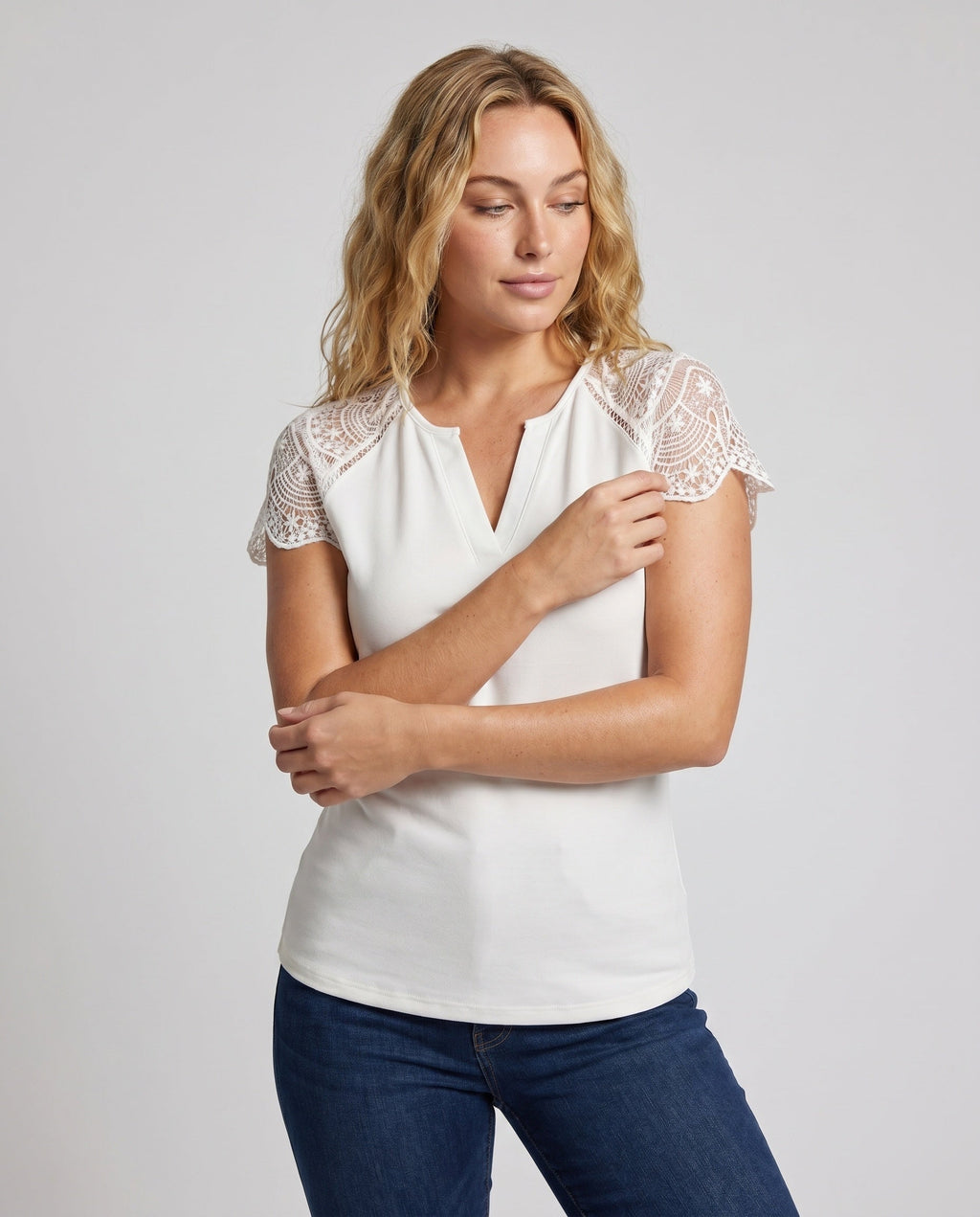 Women's Top with Elegant Lace Sleeves and Modern V-Neck - Upper Body View