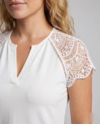 Women's Top with Elegant Lace Sleeves and Modern V-Neck - Close-Up Detail
