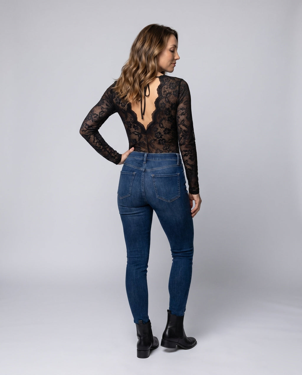 Women's Lace Bodysuits with Deep V-Neck and Long Sleeves - Back View