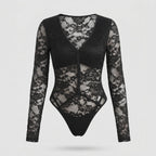 Women's Lace Bodysuit with Deep V-Neck and Elegant Button Closure
