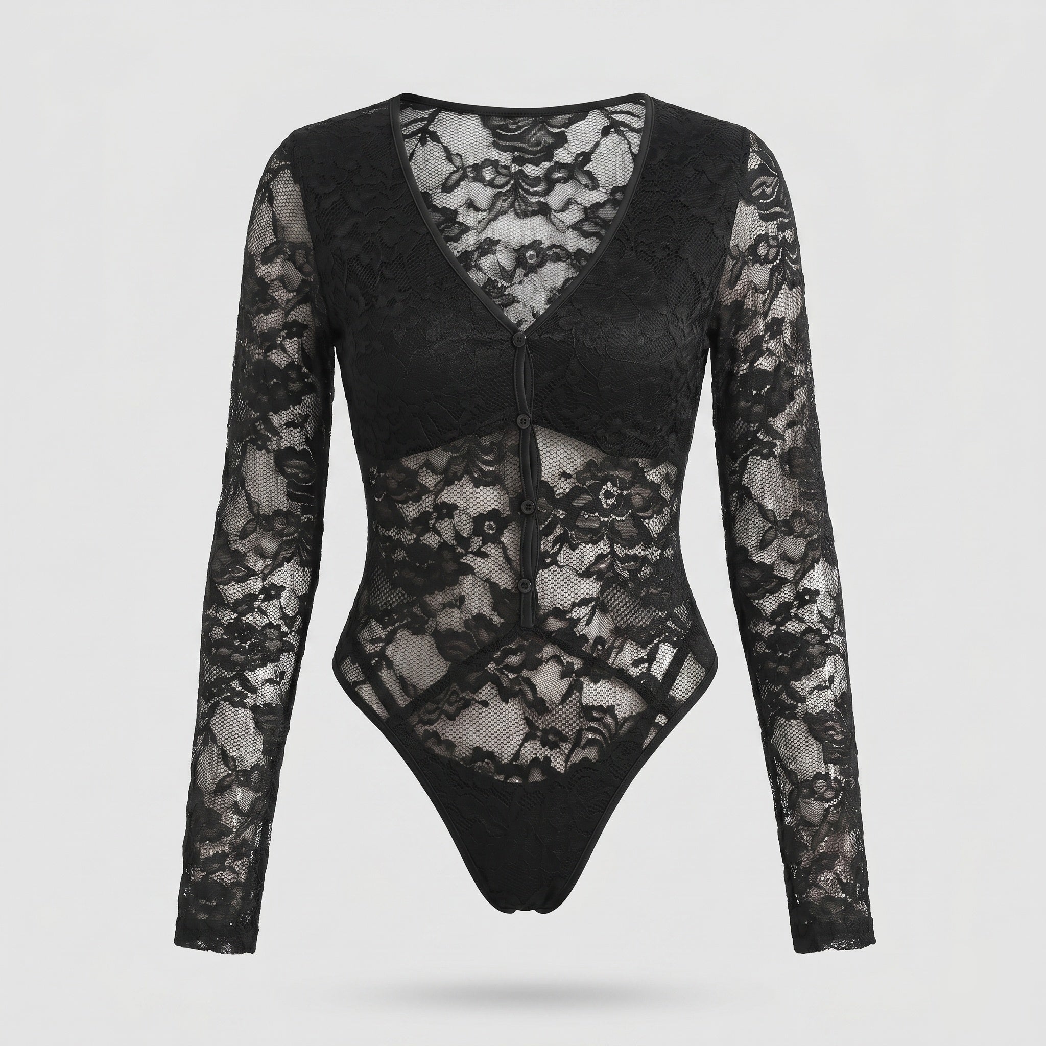 Women's Lace Bodysuit with Deep V-Neck and Elegant Button Closure