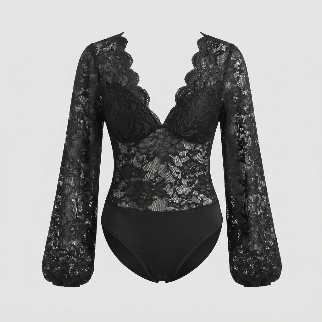 Women's Lace Bodysuits with Deep V-Neckline and Elegant Puff Sleeves