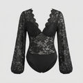Women's Lace Bodysuits with Deep V-Neckline and Elegant Puff Sleeves