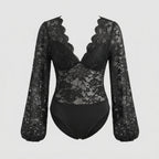 Women's Lace Bodysuits with Deep V-Neckline and Elegant Puff Sleeves