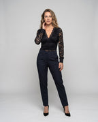 Women's Lace Top with Deep V-Neckline and Delicate Appliqués - Front View