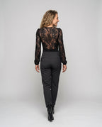 Women's Lace Bodysuit with Deep V-Neck and Ruffle Details - Back View