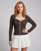 Women's Long Sleeve Shirt with Lace Trim and Button-Down Neckline - Upper Body View