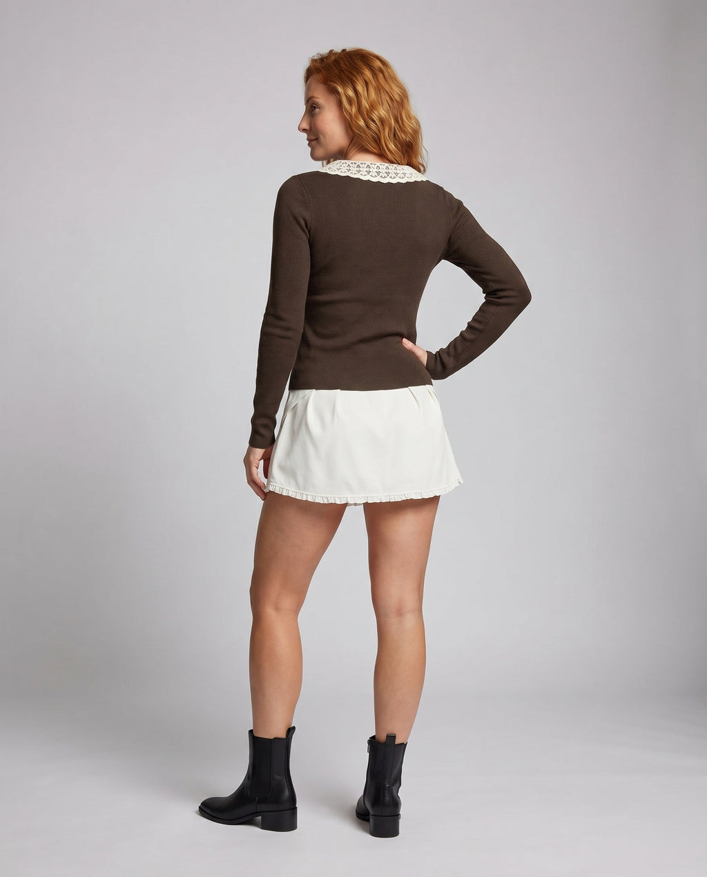 Women's Long Sleeve Shirt with Lace Trim and Button-Down Neckline - Back View