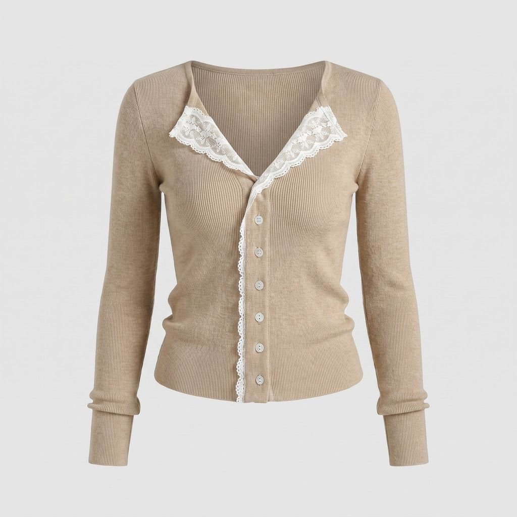 Women's Long Sleeve Shirt with Lace Trim and Button-Down Neckline