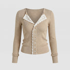 Women's Long Sleeve Shirt with Lace Trim and Button-Down Neckline