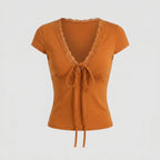 Women's Knit Top with Nostalgic Lace Insert and Adjustable Drawstring