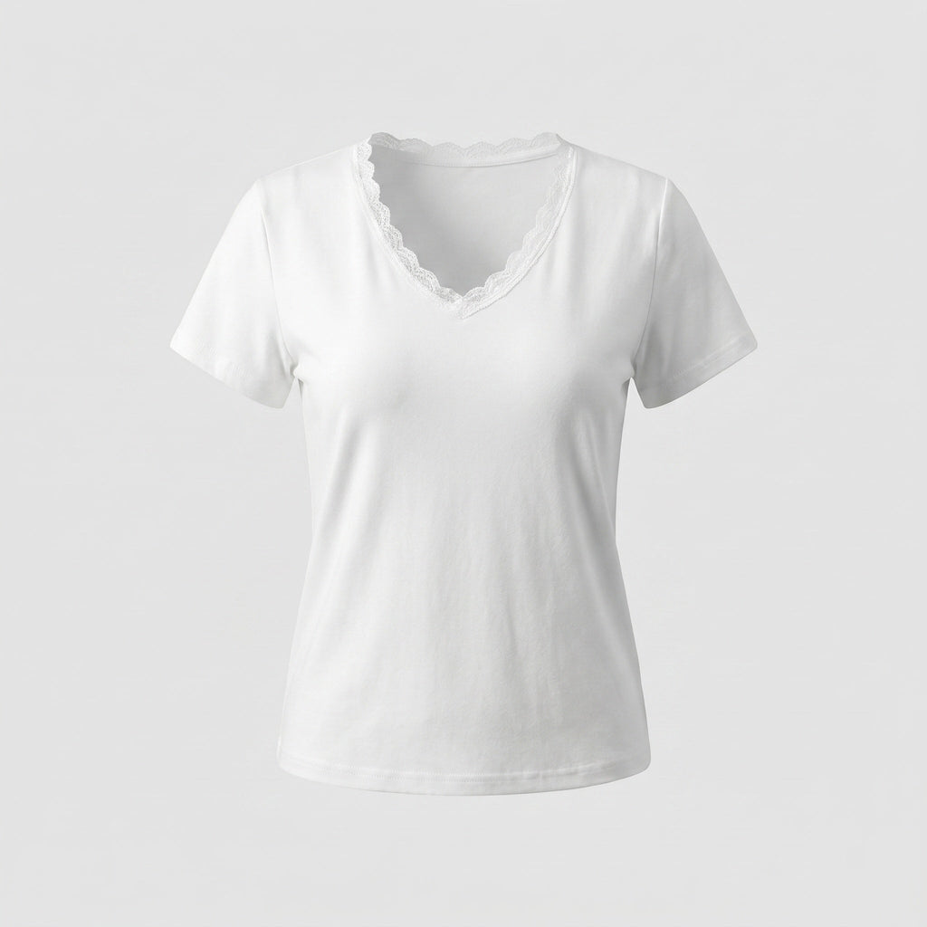 Women's T-Shirt with Lace Collar and Charming Heart Pendant
