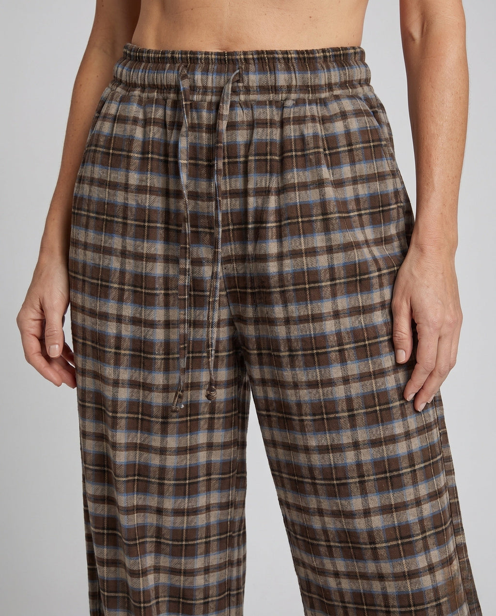Women's Wide Checked Lounge Pants with Elastic Waistband, Drawstring - Close-Up Detail