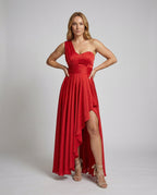 Women's Elegant Maxi Dress with Asymmetrical Hem and Ruffle Details - Front View
