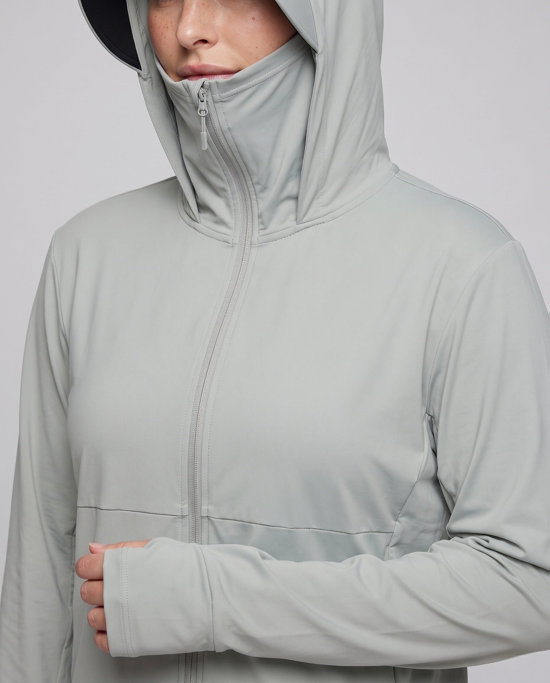 Women's Technical Sports Jacket with Hood and Breathable Inserts - Close-Up Detail