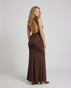 Women's Elegant Wrap Maxi Dress with High Slit, Sophisticated Draping - Back View