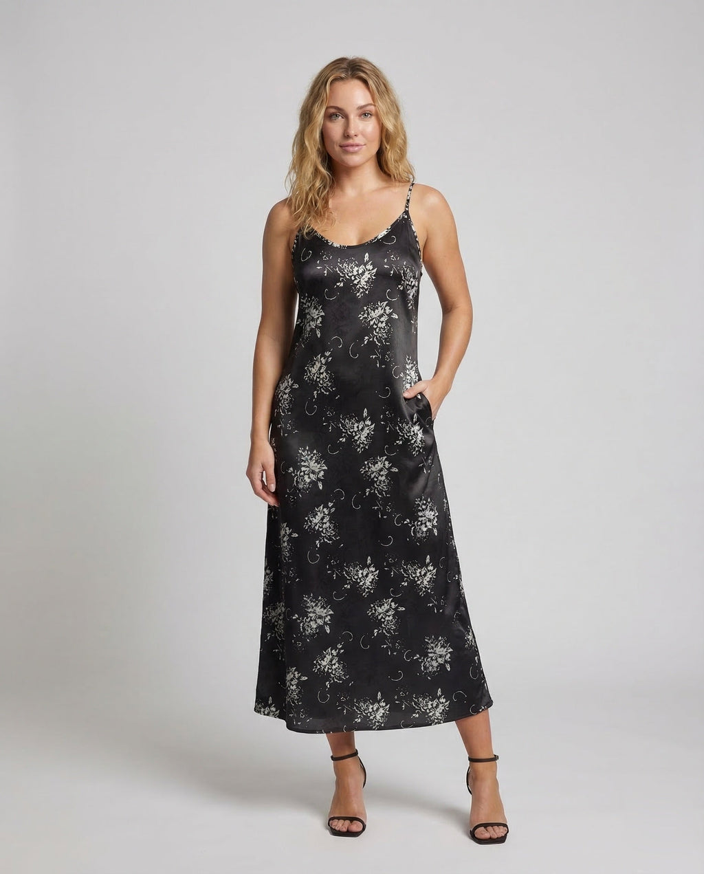 Women's Satin Slip Dress with Floral Pattern - Front View
