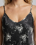 Women's Satin Slip Dress with Floral Pattern - Close-Up Detail