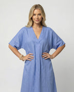 Women's Casual Linen Maxi Dress with V-Neck and Wide Cut Sleeves