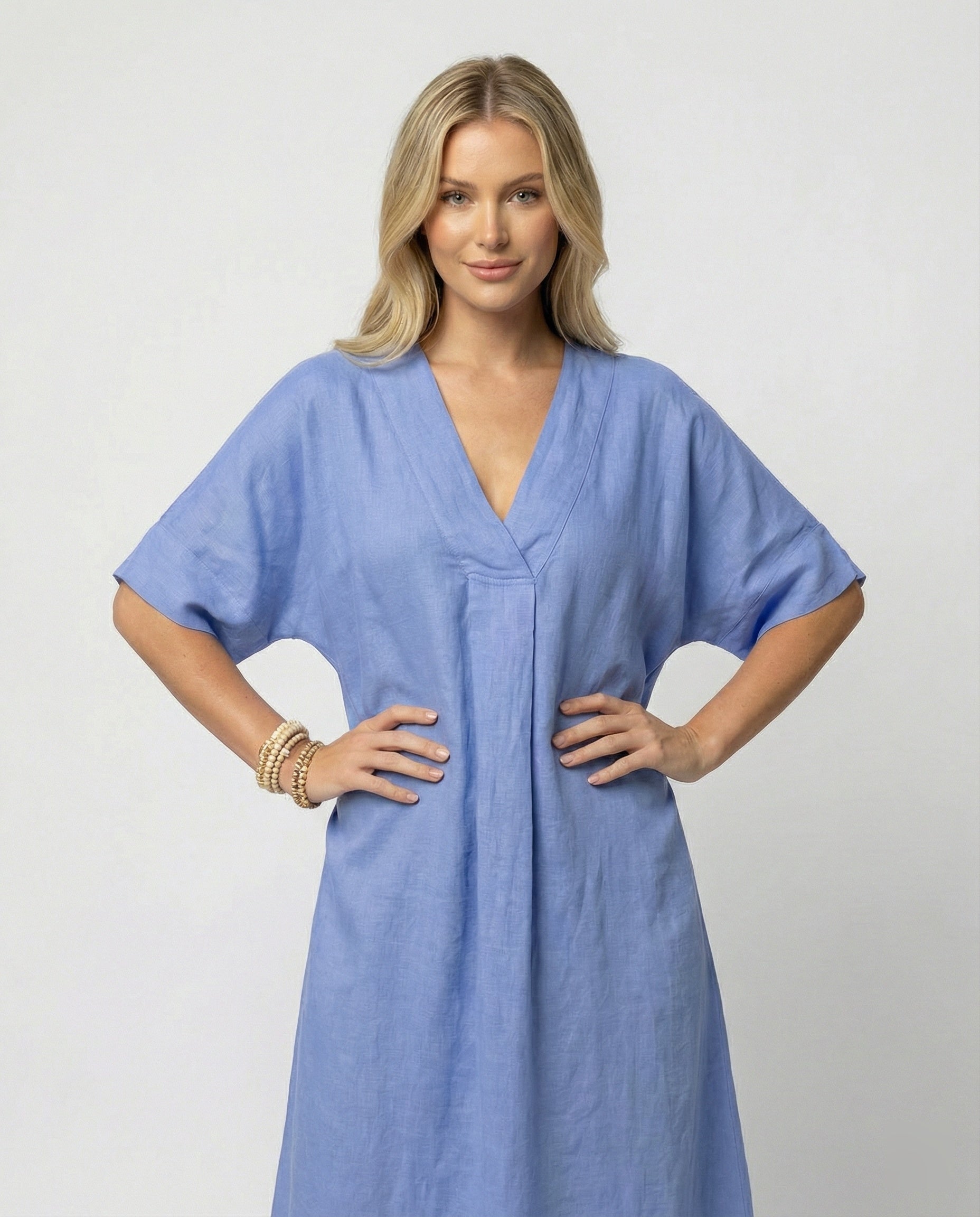 Women's Casual Linen Maxi Dress with V-Neck and Wide Cut Sleeves