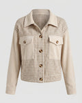 Women Checked Cord Jacket with Pockets and Button Details - Chichicherry