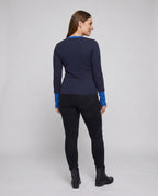 Women Long Sleeve Henley Shirt with Fashionable Button Closure and Contrasting Sleeves - Chichicherry