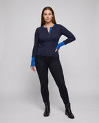 Women Long Sleeve Henley Shirt with Fashionable Button Closure and Contrasting Sleeves - Chichicherry