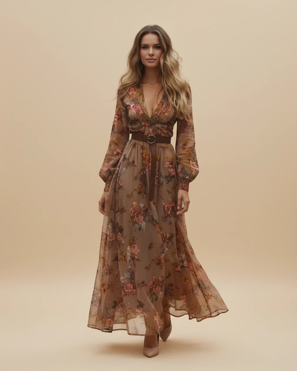 Boho Women's Maxi Dress with Low V-Neck and Long Sleeve | Samantha Style