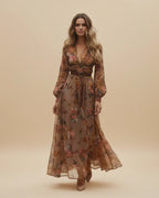 Boho Women's Maxi Dress with Low V-Neck and Long Sleeve | Samantha Style