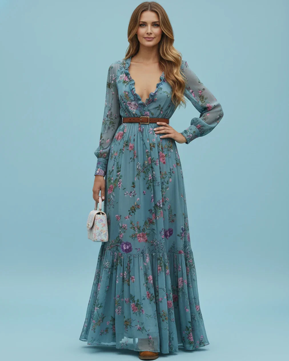 Boho Women's Maxi Dress with Low V-Neck and Long Sleeve | Samantha Style