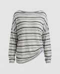 Women's Casual Long Sleeve T-Shirt with Asymmetrical Stripe Pattern - Chichicherry