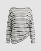 Women's Casual Long Sleeve T-Shirt with Asymmetrical Stripe Pattern - Chichicherry