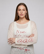 Women's casual oversized long sleeve shirt with open shoulder and creative lettering - Chichicherry