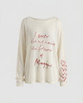 Women's casual oversized long sleeve shirt with open shoulder and creative lettering - Chichicherry