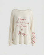 Women's casual oversized long sleeve shirt with open shoulder and creative lettering - Chichicherry