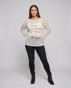 Women's casual oversized shirt with asymmetrical neckline and creative lettering - Chichicherry