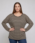 Women's Casual Oversized Striped Top with Deep V-Neck - Chichicherry