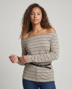 Women's casual top with asymmetrical collar and trendy stripes - Chichicherry