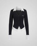Women's elegant blazer jacket with contrasting sleeve cuffs and high collar - Chichicherry