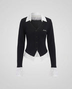 Women's elegant blazer jacket with contrasting sleeve cuffs and high collar - Chichicherry