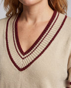 Women's knit sweater with deep V-neck and sporty stripes - Chichicherry