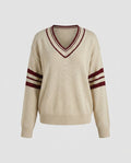 Women's knit sweater with deep V-neck and sporty stripes - Chichicherry