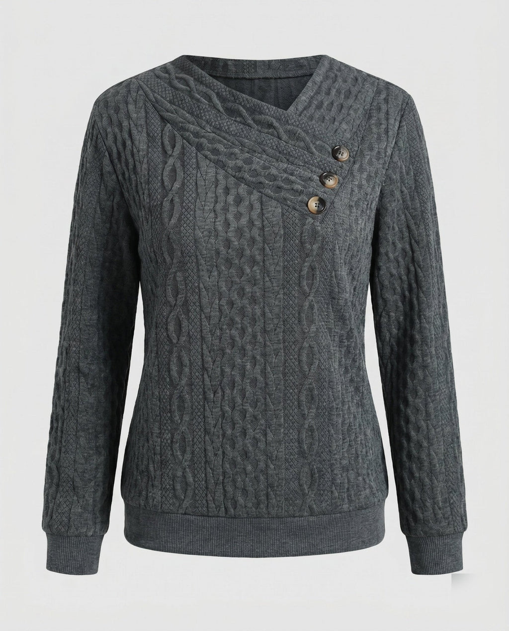Women's knit sweater with diagonal button decoration and textured surface - Chichicherry