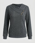Women's knit sweater with diagonal button decoration and textured surface - Chichicherry