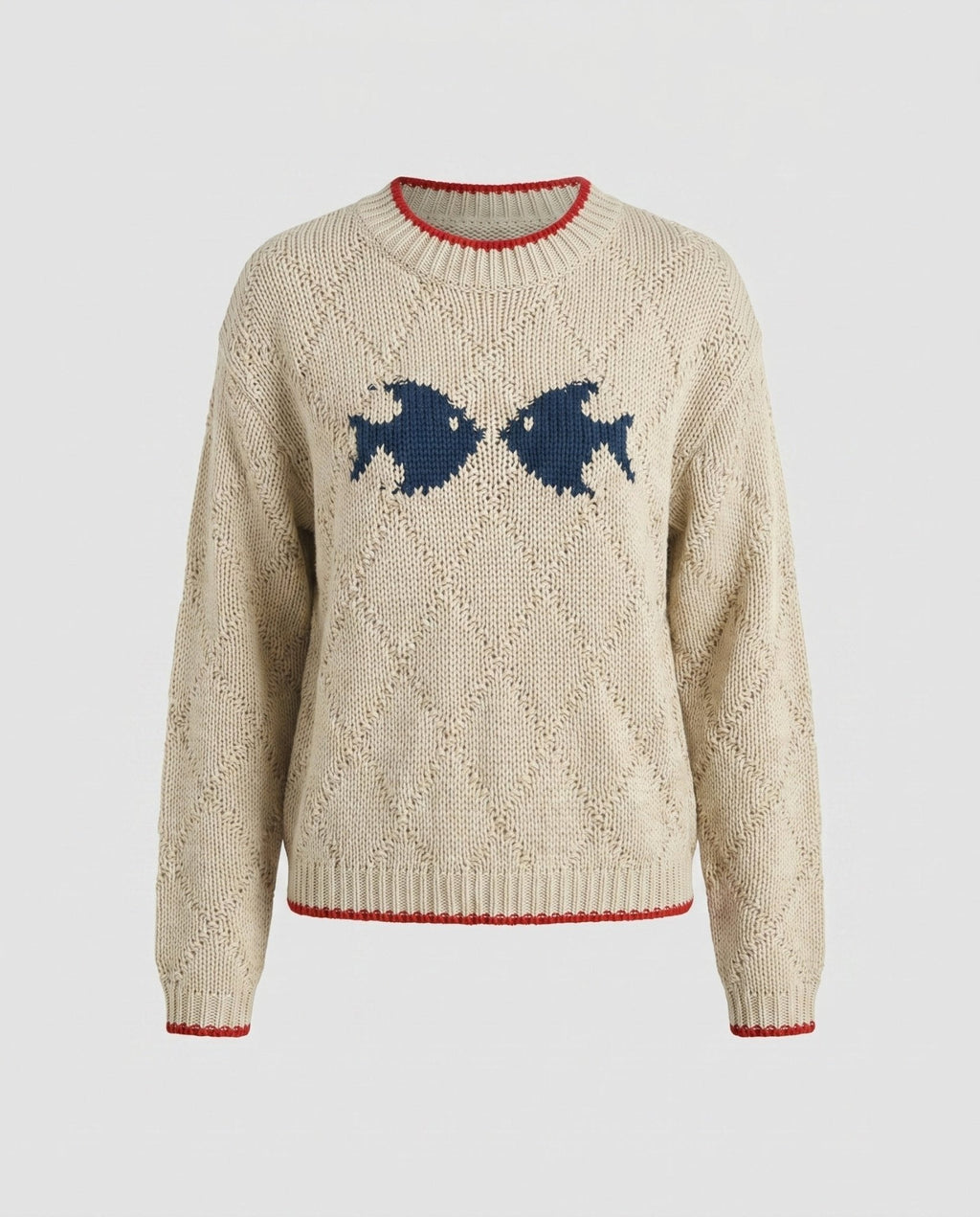 Women's knit sweater with fish motif and colorful hem - Chichicherry