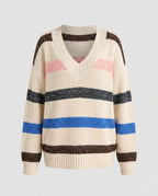 Women's knit sweater with V-neck and casual stripe pattern - Chichicherry