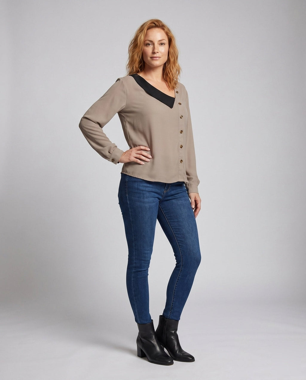 Women's long sleeve blouse with asymmetric collar and decorative buttons - Chichicherry