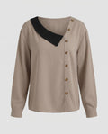 Women's long sleeve blouse with asymmetric collar and decorative buttons - Chichicherry
